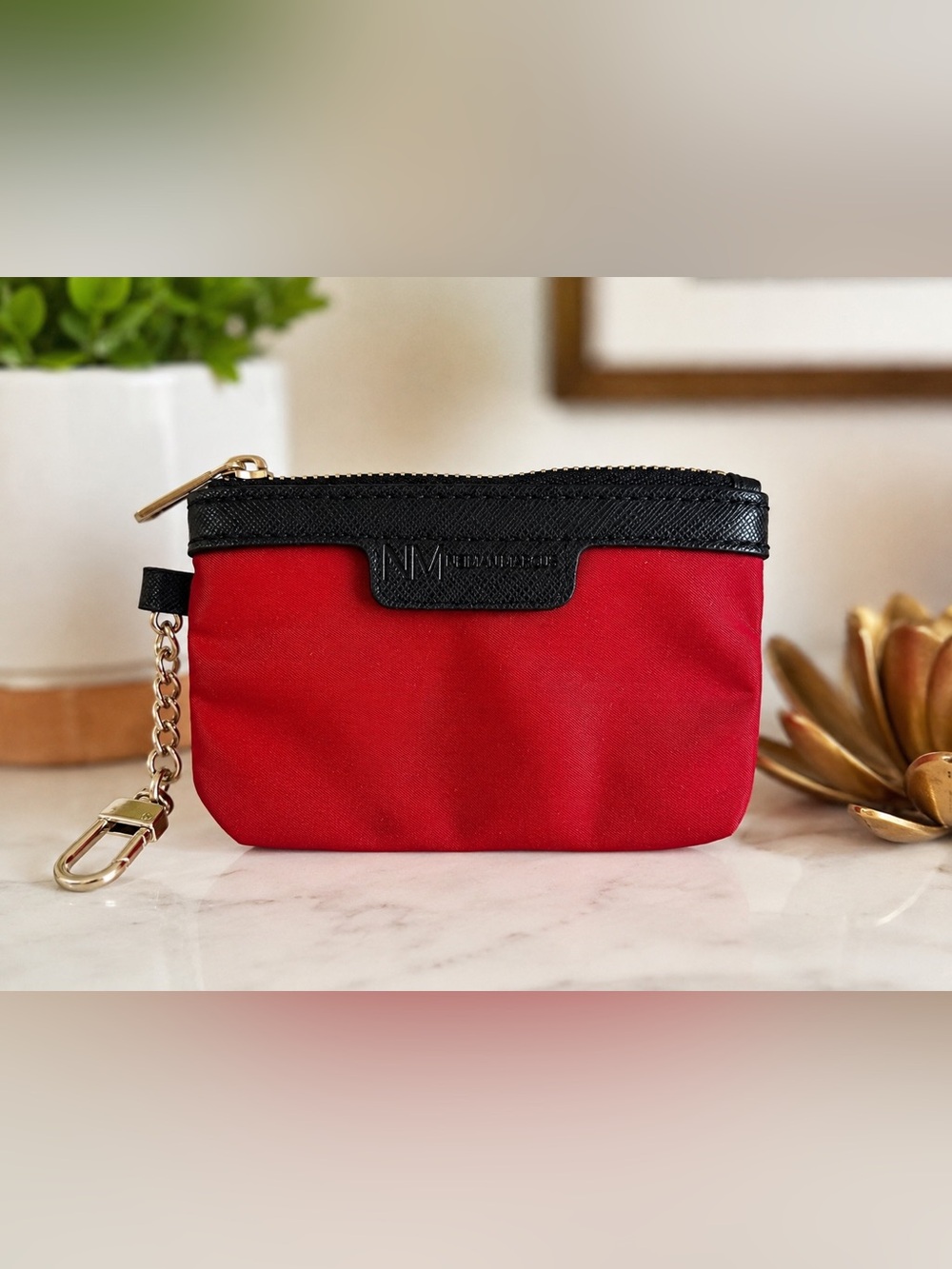 Neiman Marcus Red Nylon Coin Purse / Key Pouch with Keychain